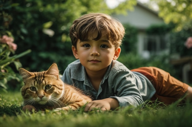 Ragazzo felice con un gatto di pelliccia rossa sulle mani nel villaggio