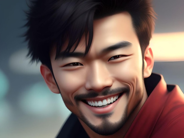 Ragazzo giapponese carino e bello con la barba che sorride e guarda l'obbiettivo Illustrazione in stile anime