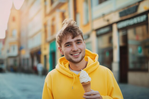 Ragazzo gioioso in abbigliamento casual che lecca il cono di gelato su una strada soleggiata immagine di alta qualità