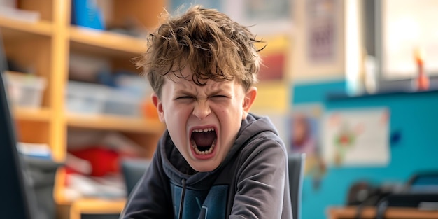 Ragazzo giovane con il viso espressivo urlando catturando emozioni bambino che mostra rabbia e frustrazione all'interno emozione sincera e concetto di infanzia AI