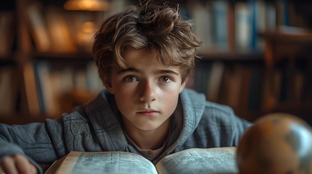 Ragazzo immerso nello studio circondato da libri ritratto di uno studente riflessivo in una biblioteca AI