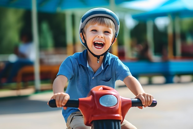 ragazzo in camicia blu che guida uno scooter rosso con un casco su intelligenza artificiale generativa