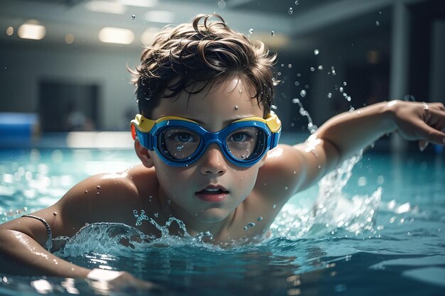 ragazzo in occhiali da nuoto spruzzi in piscina