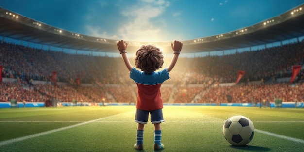 Ragazzo in piedi nello stadio di calcio Sogno futuro di essere un calciatore professionista IA generativa
