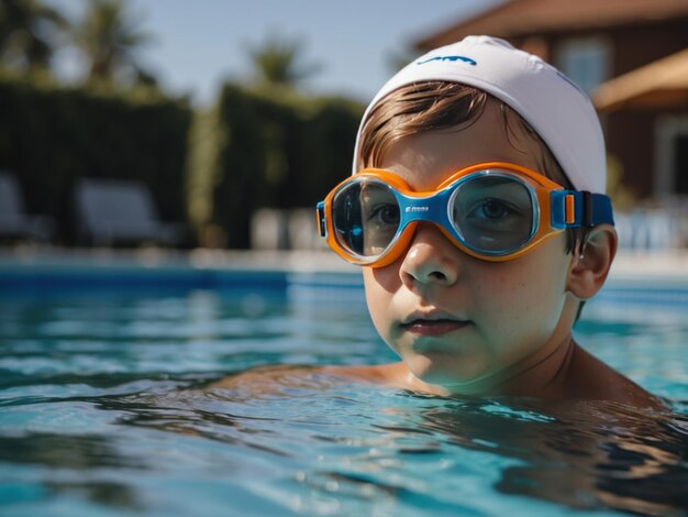 Ragazzo in piscina con gli occhiali da nuoto AI Generative