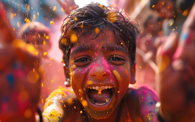 Ragazzo indiano che celebra Holi con i colori sul viso