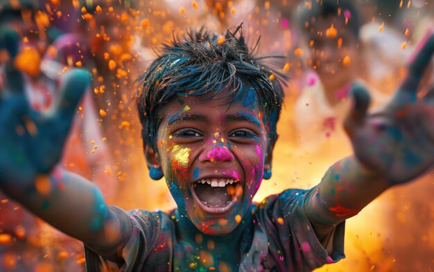 Ragazzo indiano che celebra Holi con i colori sul viso