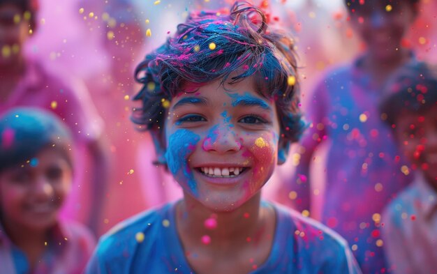 Ragazzo indiano che celebra Holi con i colori sul viso