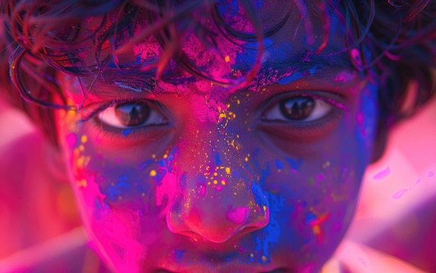 Ragazzo indiano che celebra Holi con i colori sul viso