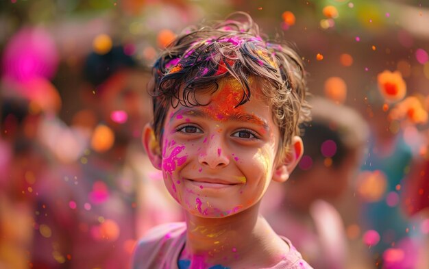 Ragazzo indiano che celebra Holi con i colori sul viso