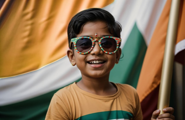 Ragazzo indiano in piedi davanti alla bandiera tricolore indiana Festa della Repubblica dell'India Festa dell'indipendenza dell'India Ai generativa