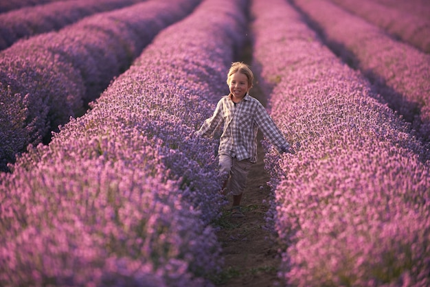 Ragazzo nel campo estivo di lavanda al tramonto