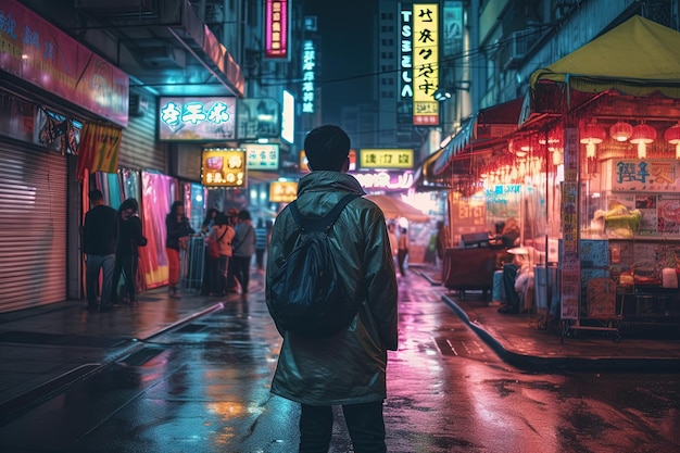 Ragazzo nella città notturna di Cyberpunk