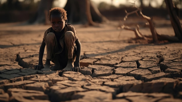 Ragazzo nero Affamato e affamato povero bambino che guarda la telecamera in mezzo alla siccità terra incrinata grande albero morto