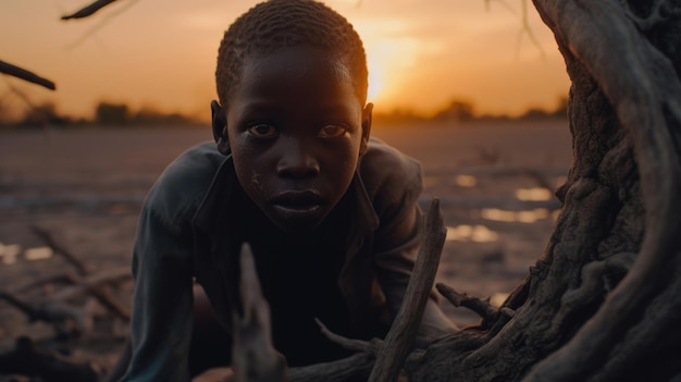 Ragazzo nero Affamato e affamato povero bambino che guarda la telecamera in mezzo alla siccità terra incrinata grande albero morto