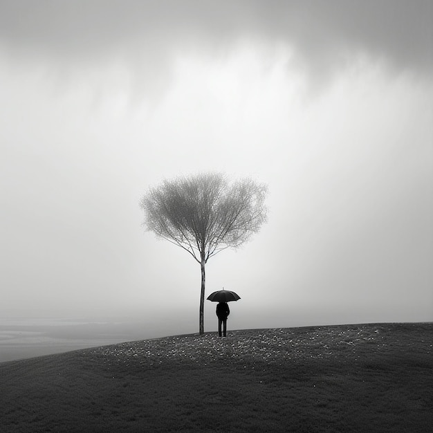 Ragazzo nero bianco uomo pioggia ombrello in piedi albero arte Generativo AI
