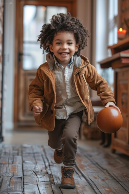 ragazzo nero carino che corre e gioca lungo il corridoio di una casa accogliente dietro la palla da giocattolo concetto d'infanzia