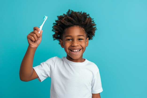 Ragazzo nero con uno spazzolino da denti in mano su uno sfondo blu chiaro