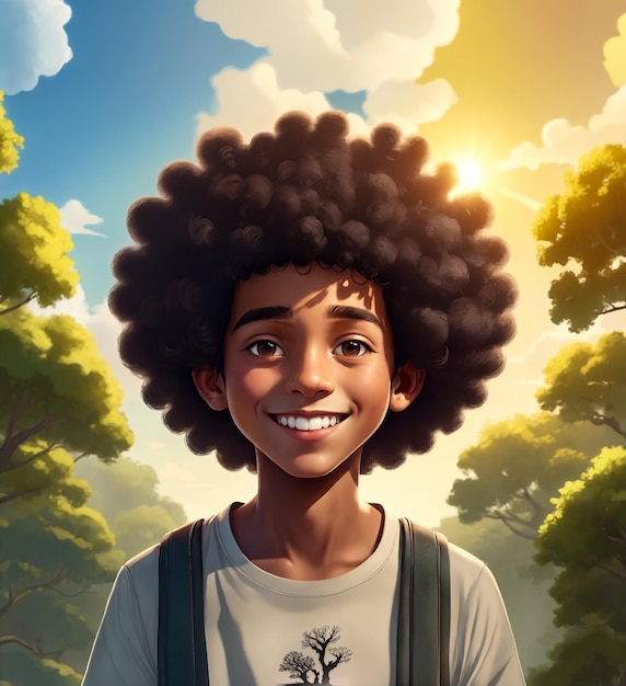 Ragazzo nero felice sorridente con un taglio di capelli afro illustrazione di un bambino gioioso