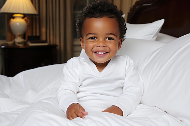 Ragazzo nero sorridente sul letto