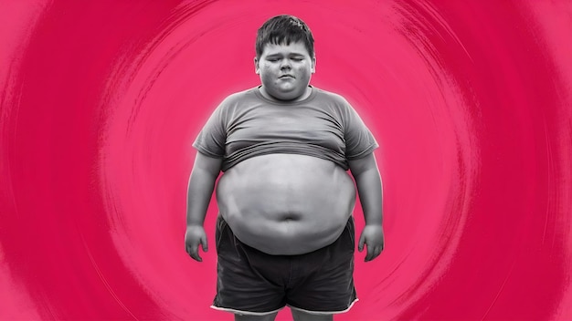 Ragazzo obeso che è in sovrappeso su uno sfondo rosa