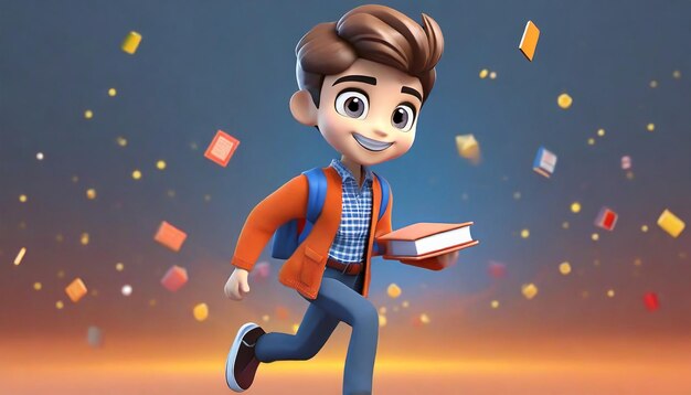 Ragazzo personaggio dei cartoni animati che corre libri