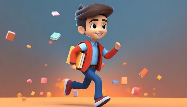 Ragazzo personaggio dei cartoni animati che corre libri