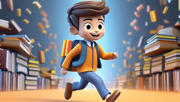 Ragazzo personaggio dei cartoni animati che corre libri