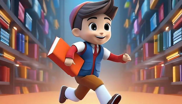 Ragazzo personaggio dei cartoni animati che corre libri