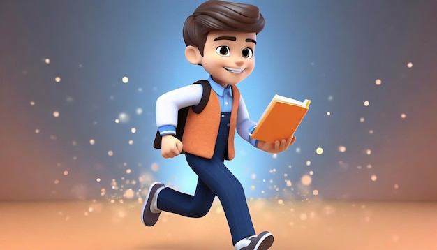 Ragazzo personaggio dei cartoni animati che corre libri