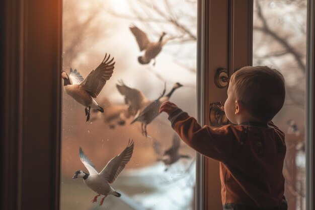 Ragazzo piccolo dai capelli scuri che spazza la finestra del corridoio guardando con entusiasmo le oche che suonano sopra di lui