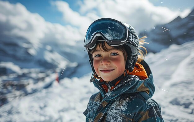 ragazzo sciatore con occhiali da sci e casco da sci sulla montagna innevata