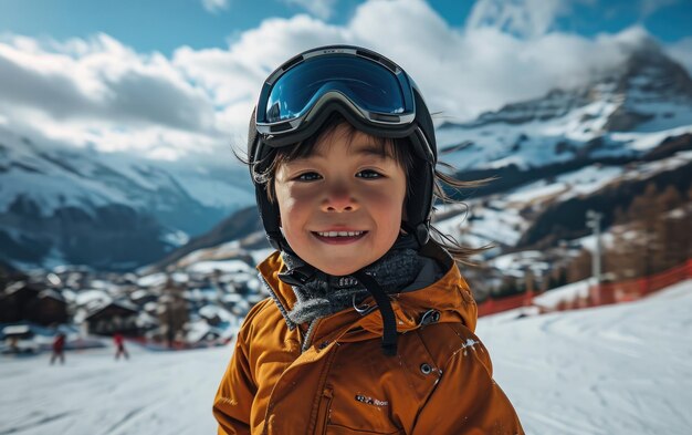 ragazzo sciatore con occhiali da sci e casco da sci sulla montagna innevata