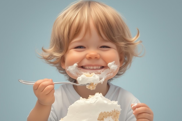 ragazzo seduto e mangiando una grande torta e la sua faccia è macchiato disordinato con la crema dalla torta