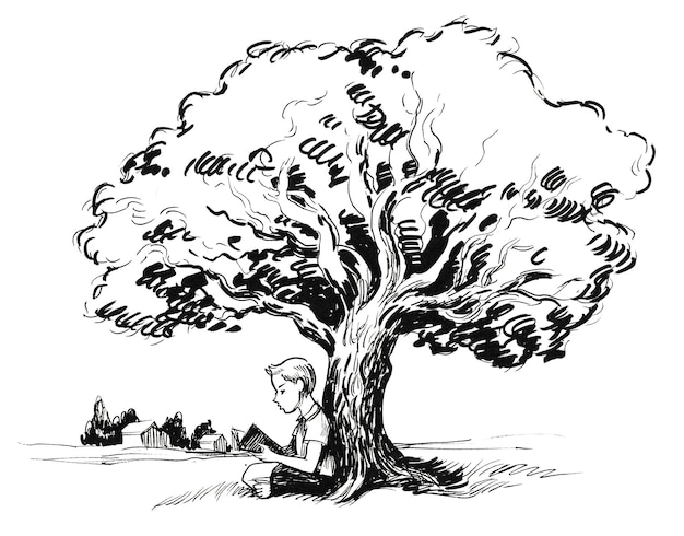 Ragazzo seduto sotto l'albero e leggere un libro. Disegno a inchiostro in bianco e nero