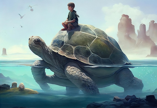 Ragazzo seduto su tartaruga gigante nell'oceano dipinto digitale ultra realistico Genera Ai