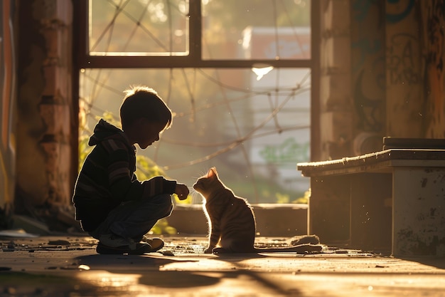 Ragazzo senzatetto che gioca con la silhouette di un gatto in una casa abbandonata