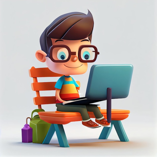 Ragazzo simpatico cartone animato seduto sulla sedia e utilizzando il computer portatile Illustrazione dell'IA generativa
