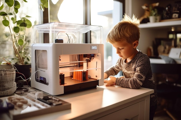 Ragazzo sorridente che guarda la fotocamera mentre usa una stampante 3D a casa