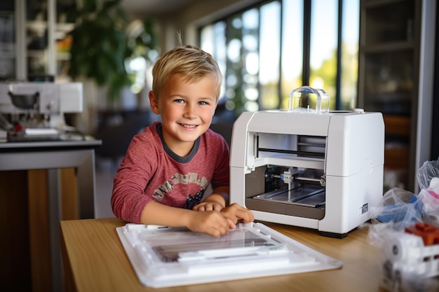 Ragazzo sorridente che guarda la telecamera mentre usa una stampante 3D a casa