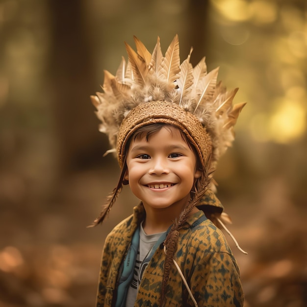 ragazzo sorridente che indossa un cappello da guerra nativo americano su sfondo sfocato foresta scura