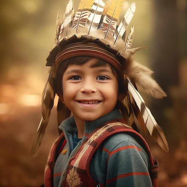 ragazzo sorridente che indossa un cappello da guerra nativo americano su sfondo sfocato foresta scura