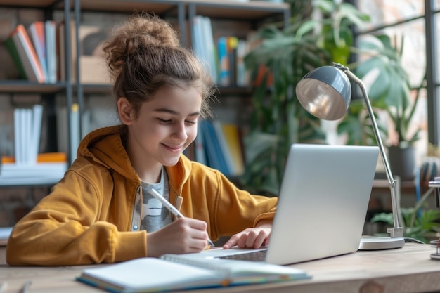 Ragazzo sorridente che studia con un computer portatile Ragazzo adolescente seduto alla sua scrivania e che scrive in un quaderno Studente che fa i compiti o impara online