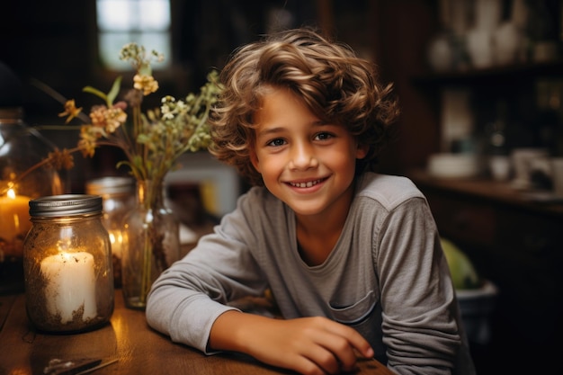 Ragazzo sorridente con la luce delle candele e i fiori