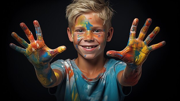 Ragazzo sorridente con vernice brillante sulle mani e sul corpo Immagine sull'attività dei bambini