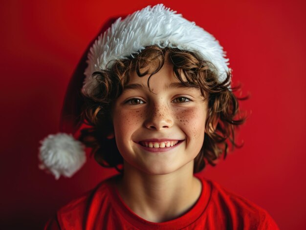 ragazzo sorridente felice con il cappello di Babbo Natale sullo sfondo di Natale