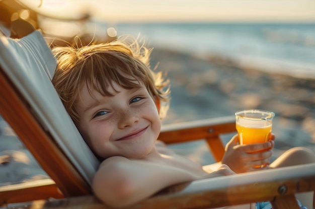 Ragazzo sorridente in poltrona con un bicchiere di succo sulla spiaggia