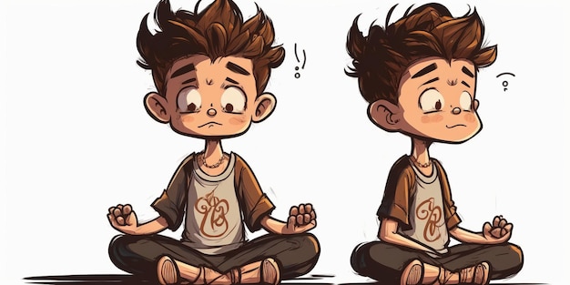 Ragazzo sorridente sveglio nella posa del loto che pratica lo stile del fumetto di posa anteriore di yoga