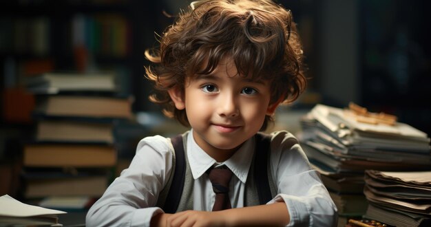 Ragazzo sorridente tra pile di libri