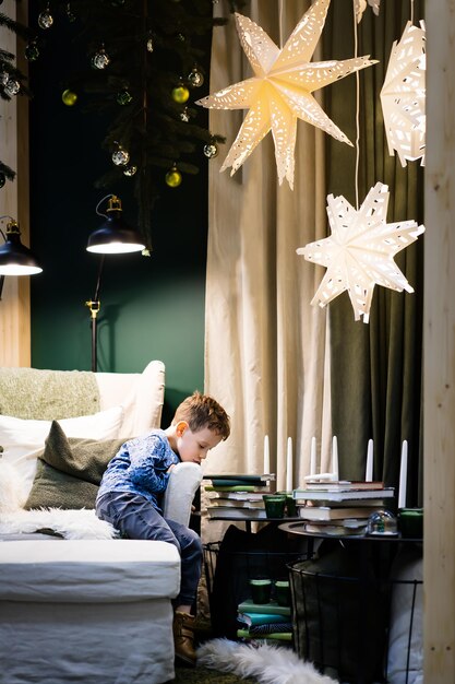 ragazzo sotto l'albero interni di natale